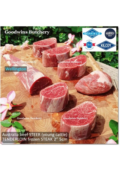 Beef Eye Fillet Mignon Has Dalam Tenderloin AGED BY GOODWINS 3-4 weeks STEER (young cattle) Australia HARVEY frozen STEAK 5cm 2" (price/pc 300g)